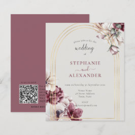 Budget Dusty Plum Floral Wedding QR Code Einladung