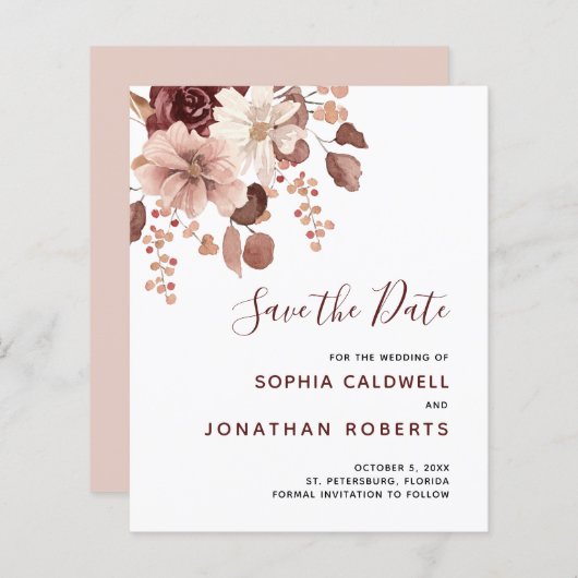 Budget Dusty Rose Eukalyptus Floral Save the Date (Vorne/Hinten)