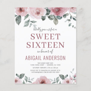 Budget Dusty Rose Floral 16 . Geburtstag Einladung Flyer