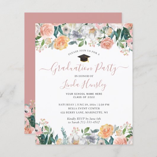 Budget Dusty Rose Floral Graduation Party Einladun (Vorne/Hinten)