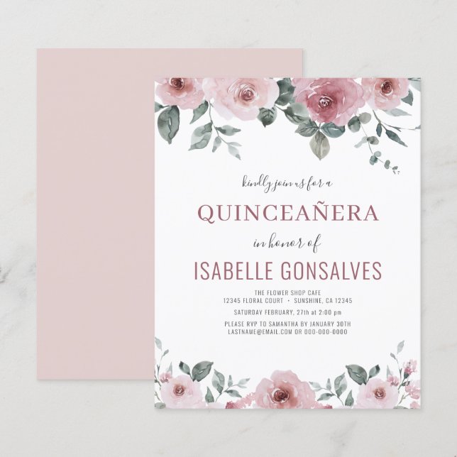 Budget Dusty Rose Floral QUINCEAÑERA Einladung (Vorne/Hinten)