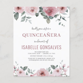 Budget Dusty Rose Floral QUINCEAÑERA Einladung Flyer
