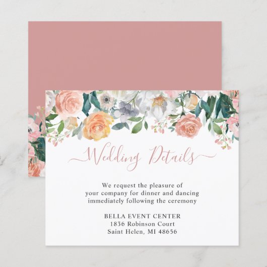 Budget Dusty Rose Floral Wedding Details Card (Vorne/Hinten)
