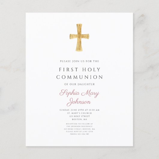 Budget Dusty Rose Girl Erste Kommune Einladung (Vorderseite)