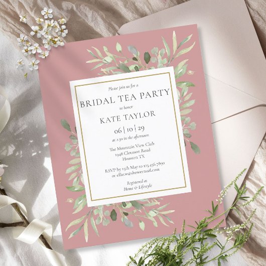 Budget Dusty Rose Greenery Bridal Tea Party Einlad