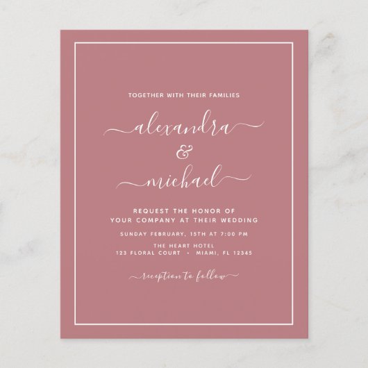 Budget Dusty Rose Hochzeit Moderne Typografie Flye Flyer (Vorne)