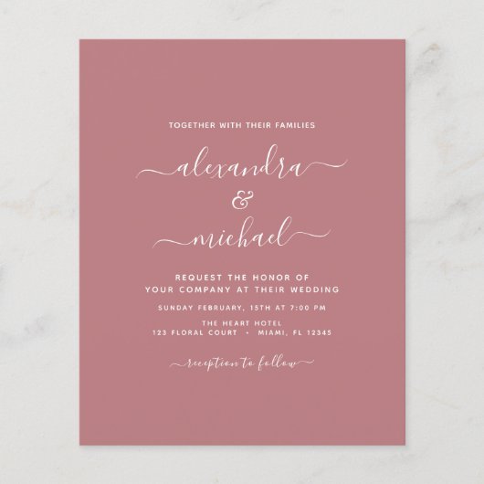 Budget Dusty Rose Hochzeit Moderne Typografie Flyer (Vorne)