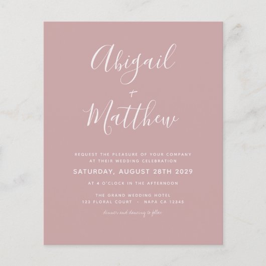 Budget Dusty Rose Modernes Foto Einladung Hochzeit (Vorderseite)