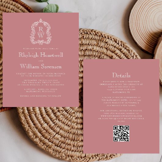 Budget Dusty Rose Monogram QR Code Hochzeit
