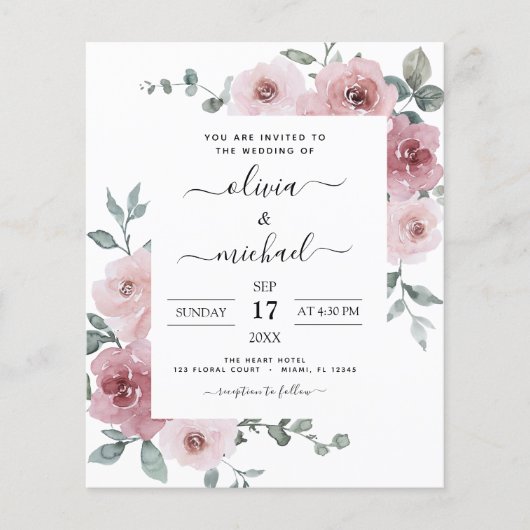 Budget Dusty Rose Pink Floral Wedding Flyer (Vorne)