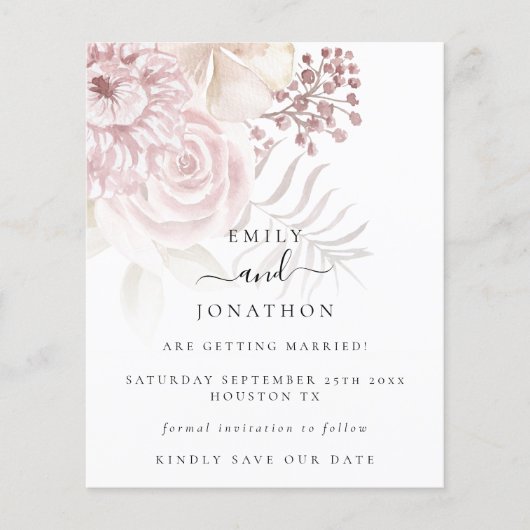 Budget Dusty Rose Pink Florals Save the Date (Vorderseite)