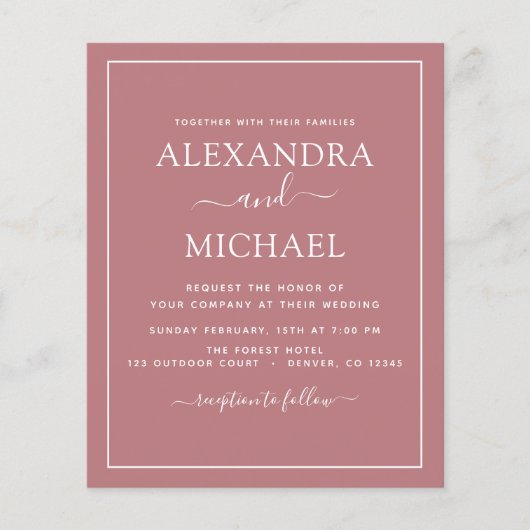 Budget Dusty Rose Pink Wedding Moderne Typografie (Vorderseite)
