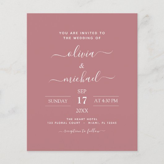 Budget Dusty Rose Pink Wedding Moderne Typografie Flyer (Vorne)