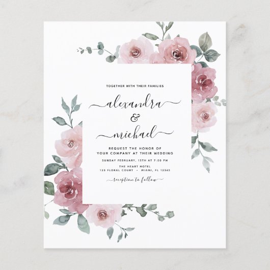 Budget Dusty Rose Rosa Blumengrün Hochzeit Flyer (Vorne)