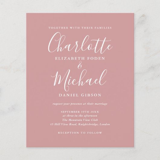 Budget Dusty Rose Script Foto Einladung Hochzeit (Vorderseite)