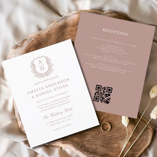 Budget Dusty Rose Wappen Hochzeit QR Code Einladun