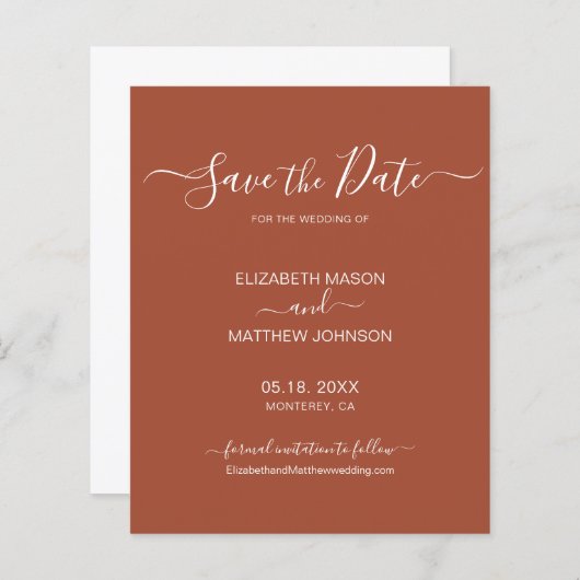 Budget Earthy Terracotta Script Save the Date (Vorne/Hinten)