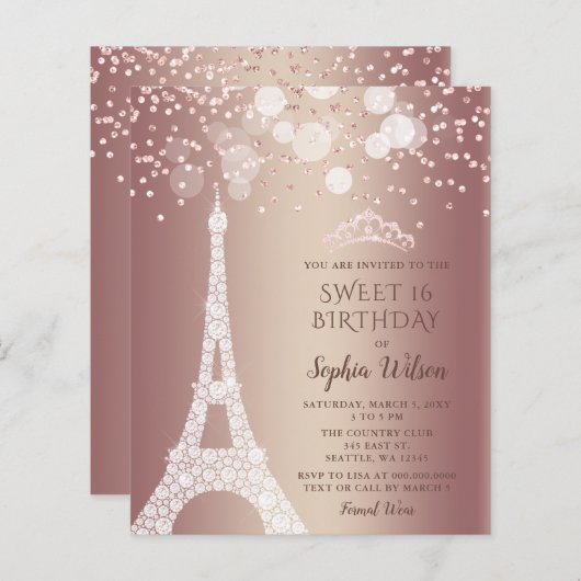 Budget Eiffelturm Rose Gold Sweet 16 Einladung (Vorne/Hinten)