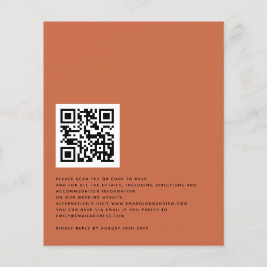 Budget Einfache QR Code Terracotta Wedite Einladun (Rückseite)