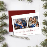 BUDGET Einfache rote Schrift Frohe Weihnachten Fot<br><div class="desc">BUDGET Rustic Red Simple Script Moderne Frohe Weihnachts Foto Holiday Card mit zwei Ihrer Lieblings-Fotos und ein einfaches, aber elegantes Drehbuch Frohe Weihnachtsgrüße. Die Rückseite ist mit einem festlichen, winterroten Hintergrund geschmückt. Ideal für Ihre Ferienkarten in diesem Jahr! **Unser BUDGET Papier ist kleiner, leichter und zarter, aber trotzdem schön! Vergessen...</div>