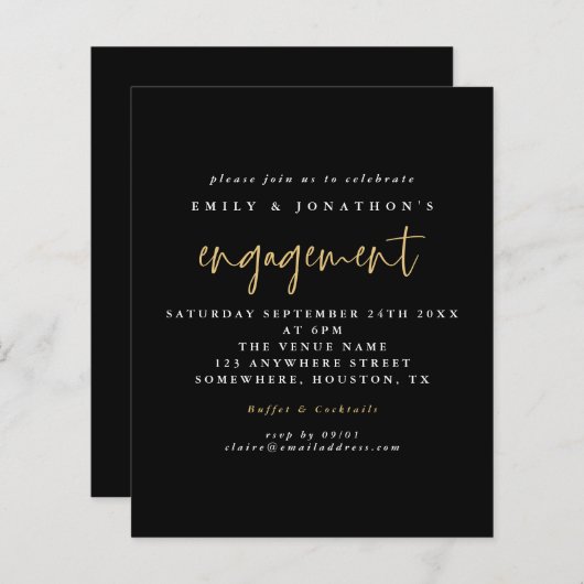 Budget Einfache Script Gold Black Verlobung Einlad (Vorne/Hinten)