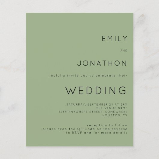 Budget Einfache Seite Green QR Code Hochzeit Einla (Vorderseite)