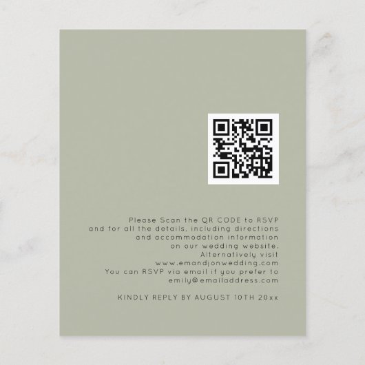 Budget Einfache Soft Sage QR Code Hochzeit einlade (Rückseite)