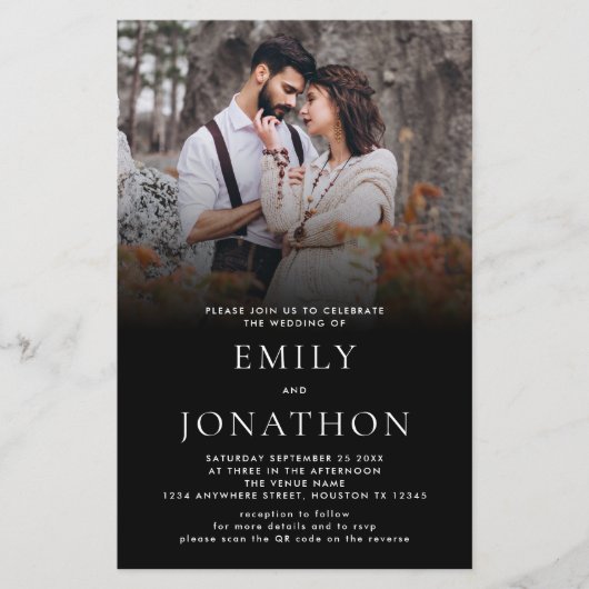 Budget Einfaches Foto QR Code Wedding Black Invite (Vorderseite)