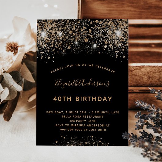Budget Einladung zum Birthday Black Gold Glitzer Postkarte