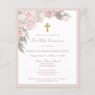 Budget-Einladung zur Erstkommunion mit rosa Rosen