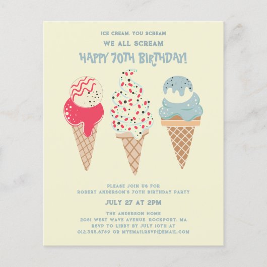 Budget Eiscreme Cone 70. Geburtstag Einladung (Vorderseite)