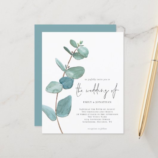 Budget Elegant Blue Eucalyptus Wedding Einladung (Vorderseite/Rückseite Beispiel)