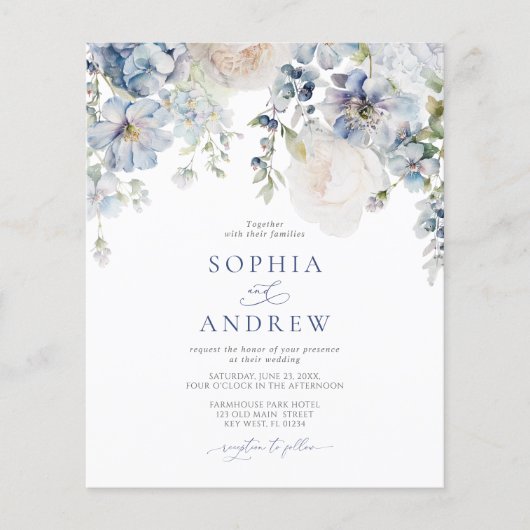 Budget Elegant Blue Hydrangea Hochzeit Einladung (Vorderseite)