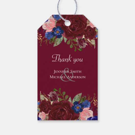 Budget Elegant Burgundy Blue Floral Wedding Geschenkanhänger (Vorderseite)