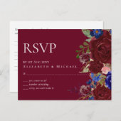 Budget Elegant Burgundy Blue Floral Wedding Postkarte (Vorne/Hinten)