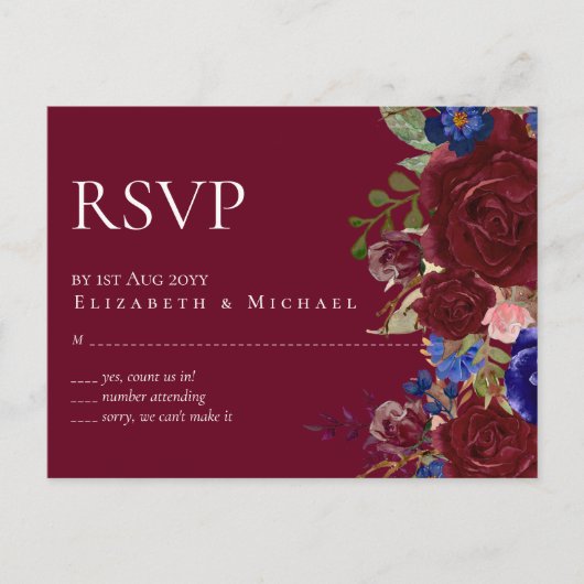 Budget Elegant Burgundy Blue Floral Wedding Postkarte (Vorderseite)