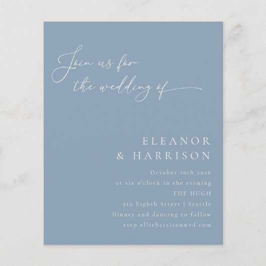 Budget Elegant Dusty Blue Script Wedding Einladung (Vorderseite)
