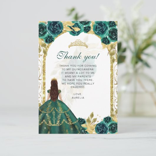 Budget Elegant Emerald Floral Foto Quinceañera Dankeskarte (Stehend Vorderseite)