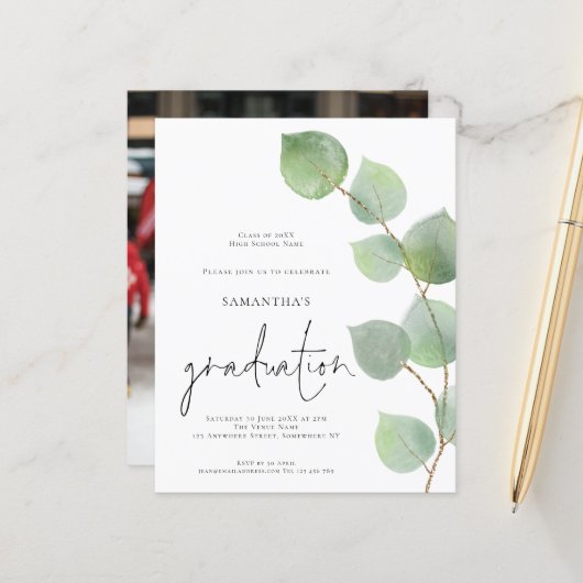 Budget Elegant Eucalyptus Foto Grad Einladung (Vorderseite/Rückseite Beispiel)