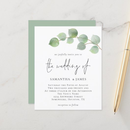 Budget Elegant Eucalyptus Wedding Einladung (Vorderseite/Rückseite Beispiel)