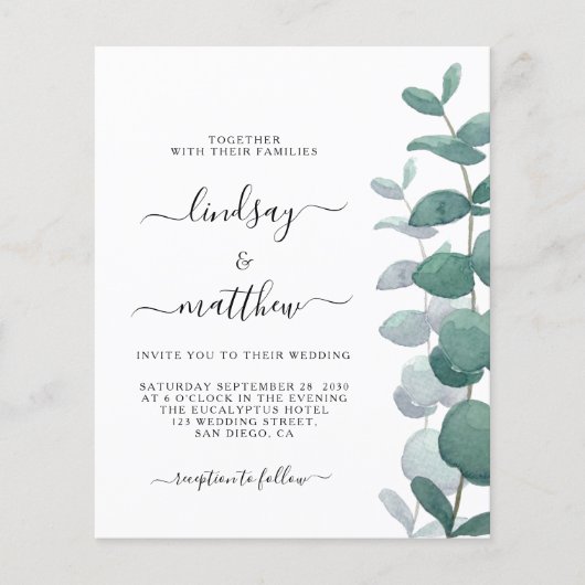 Budget Elegant Eucalyptus Wedding Einladung (Vorderseite)