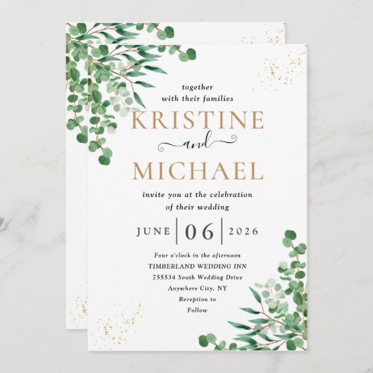 Budget Elegant Eukalyptus Verlasst Grüne Hochzeit Einladung (Vorne/Hinten)