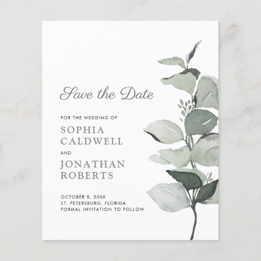 Budget Elegant Eukalyptus Wedding Save the Date (Vorderseite)