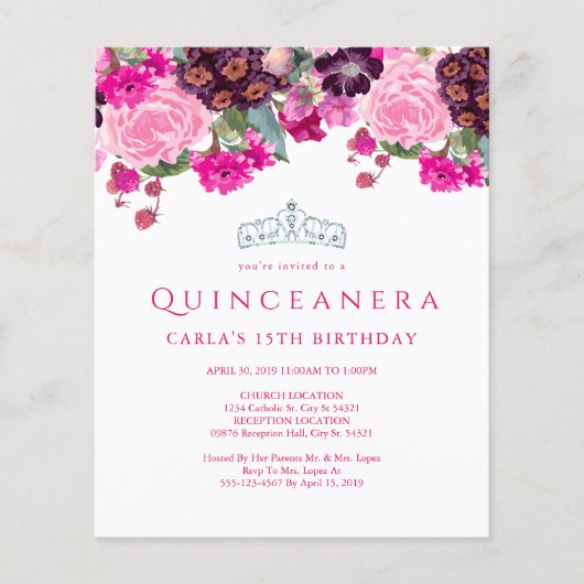Budget Elegant Floral Quinceanera Einladungen (Vorderseite)
