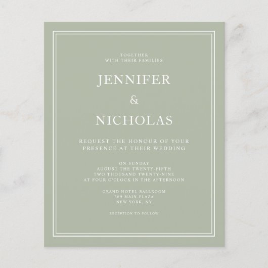 Budget Elegant Formal Sage Green Wedding Einladung (Vorderseite)