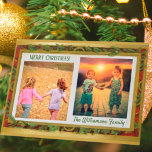 Budget Elegant Foto Collage Gold Frohe Weihnachten<br><div class="desc">Vom Charm Design Studio, einem einzigartigen und wunderschönen Weihnachtsrahmen für Fotos der Familie auf Ihrer Weihnachtskarte. Der Rahmen verbindet Gold, grüne Blätter und Rot - mit einer Touch Glitzer - um es zu Set. Zimmer für zwei Fotos und mehrere Optionen zur Personalisierung der Karte. Wenn Sie etwas anders entworfen haben...</div>