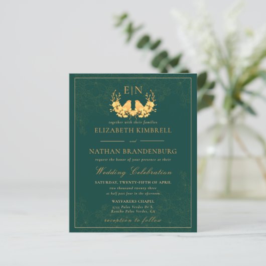 Budget Elegant Green Gold Monogram Wedding Einladu (Stehend Vorderseite)