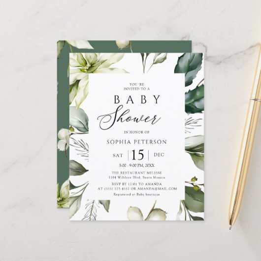 Budget Elegant Greenery Baby Shower Flyer (Vorderseite/Rückseite Beispiel)
