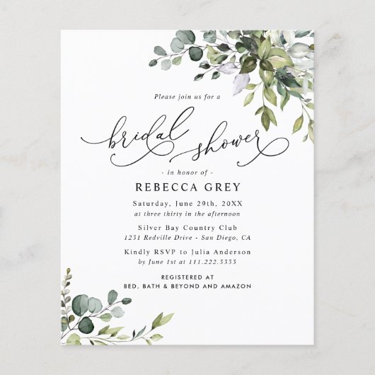 Budget Elegant Greenery Bridal Dusche Einladung (Vorderseite)