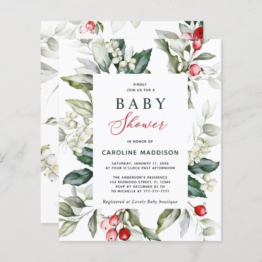 Budget Elegant Holly Greenery Baby Shower Flyer (Vorne/Hinten)